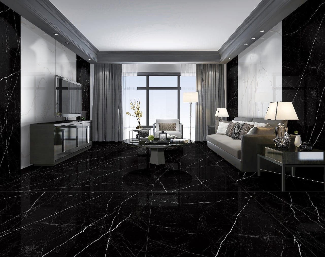 Marquina Black Marble Look Porcelain Tiles Living Room IvySpace