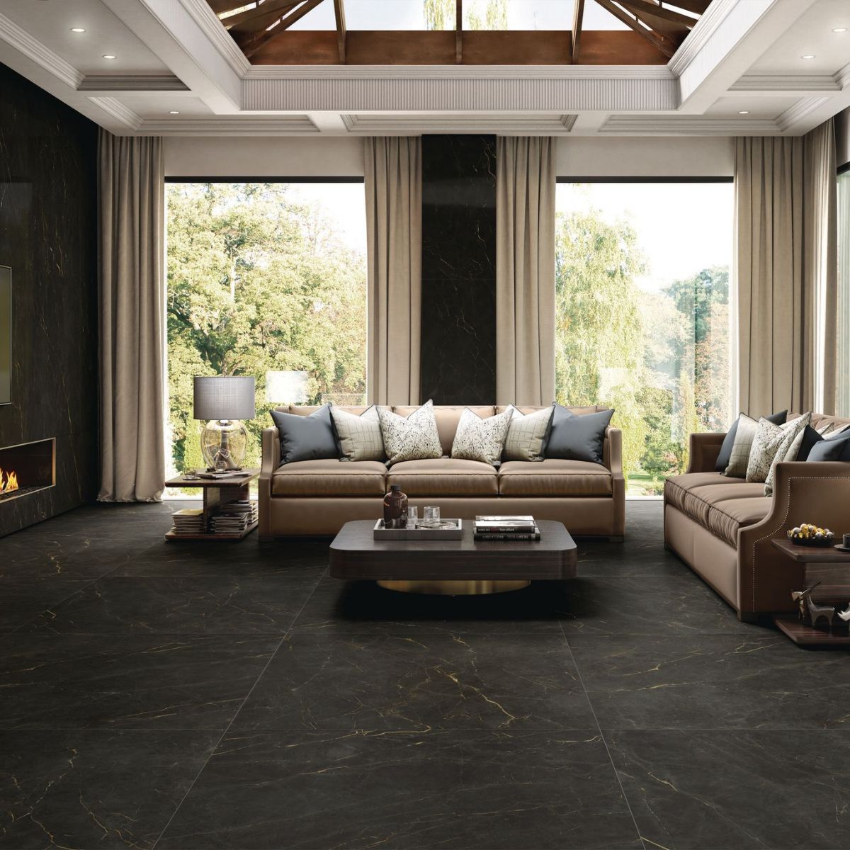 Black Galaxy With Gold Veins Marble Effect Living Room Ivyspace
