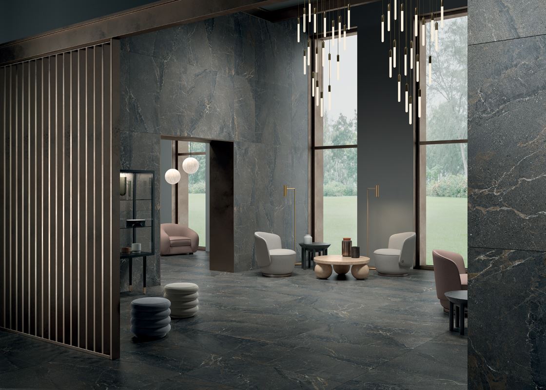 Dark Stone Effect Porcelain Tiles Living Room IvySpace