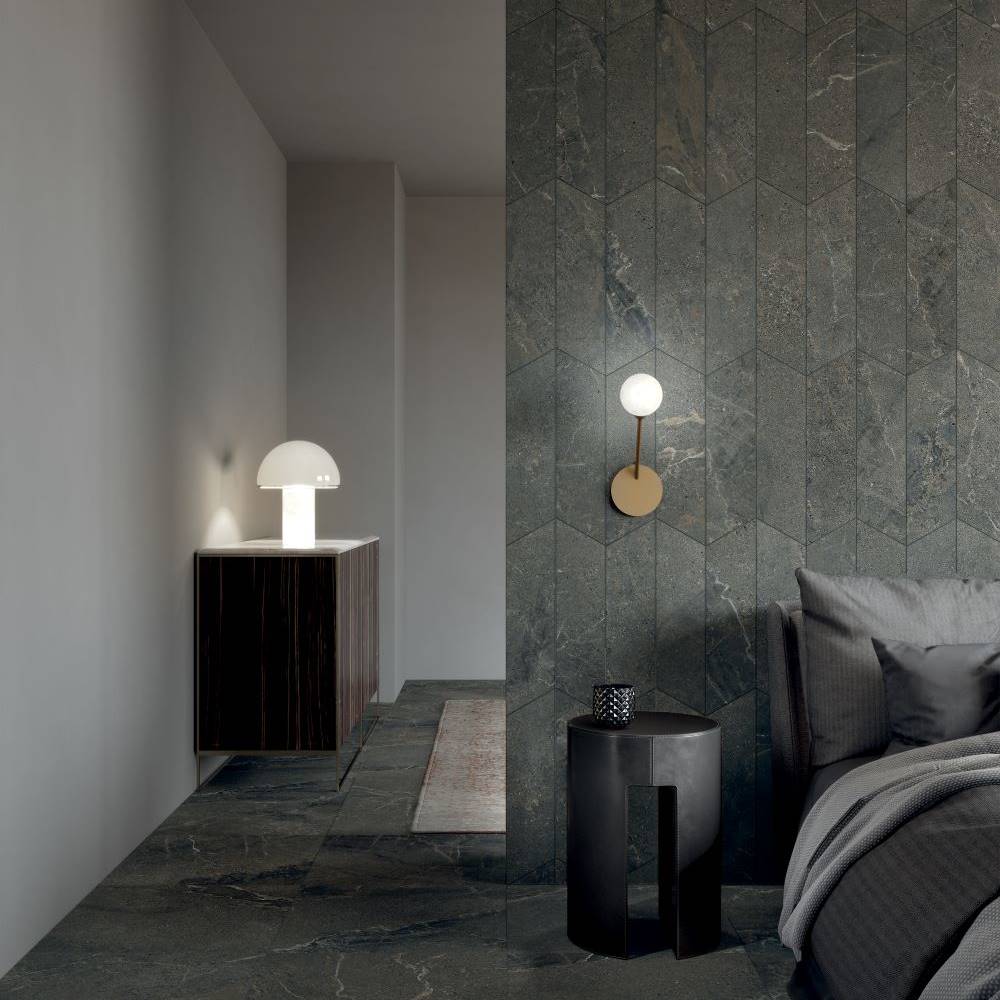Dark Grey Stone Effect Porcelain Tiles Bedroom IvySpace