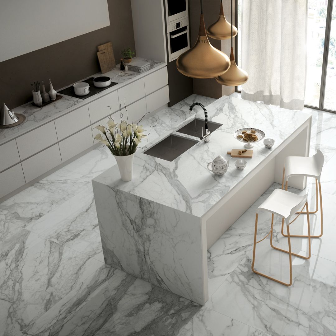 White and Grey Veining Marble Effect Porcelain Tiles Kitchen Ivyspace