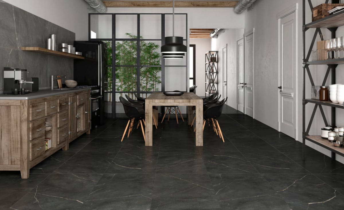 Black Imperium Kitchen Floor Porcelain Tiles Black Gold in Matt IvySpace