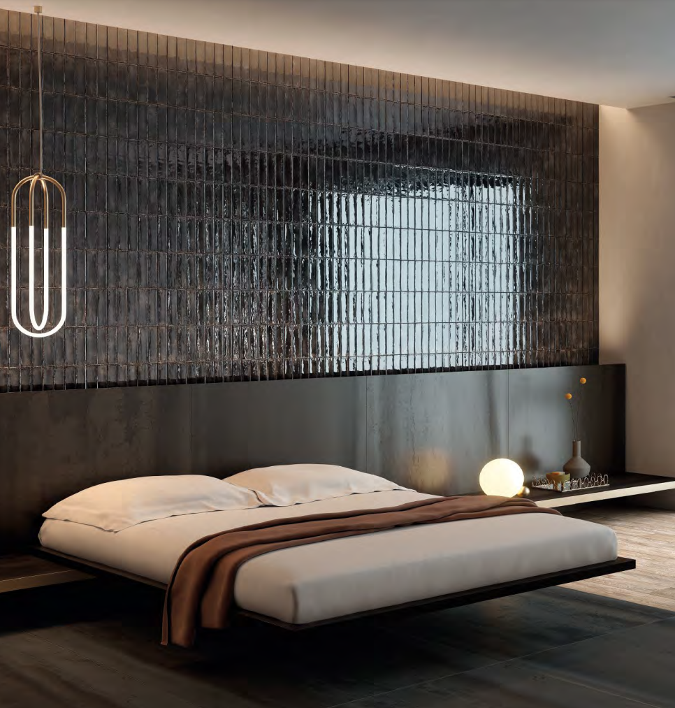 Metallic Black Brick Effect Wall Tiles Bedroom IvySpace