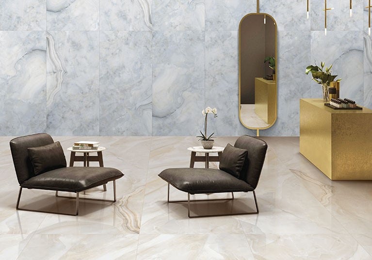 Blue Onyx Effect Large Format Tiles in Polished IvySpace