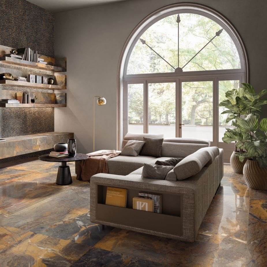 Brown marble effect porcelain tiles