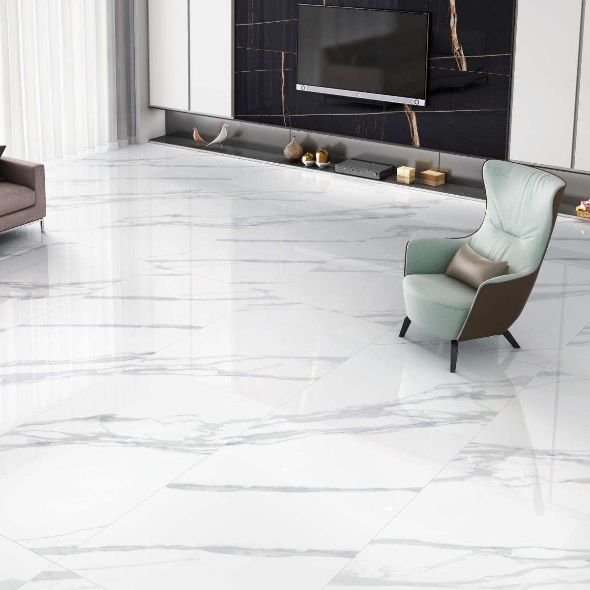 Calacatta Helios White Marble Effect Floor Tiles IvySpace