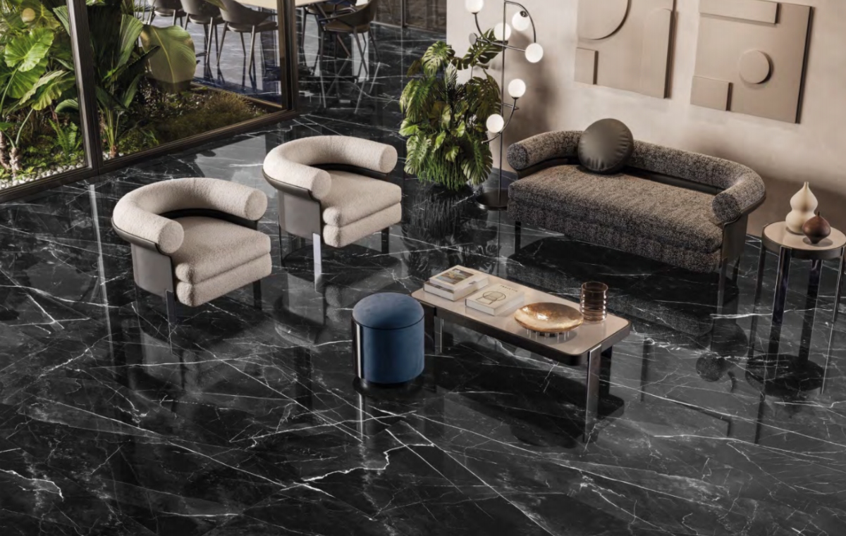Calacatta Black Marble Effect Porcelain Floor Tiles Living Room IvySpace