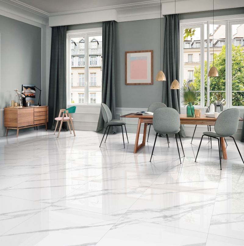 White and Grey Marble Effect Porcelain Tiles Living Room IvySpace