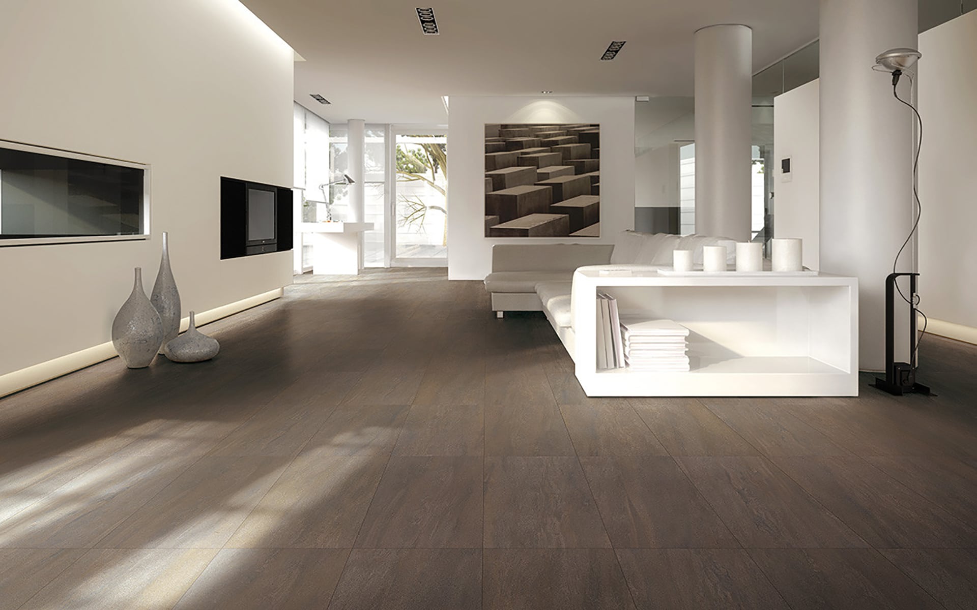 Brown Cement Effect Porcelain Tiles Living Room Floor IvySpace
