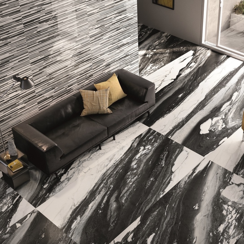 Film Noir Black And White Calacatta Marble Effect Living Room Ivyspace