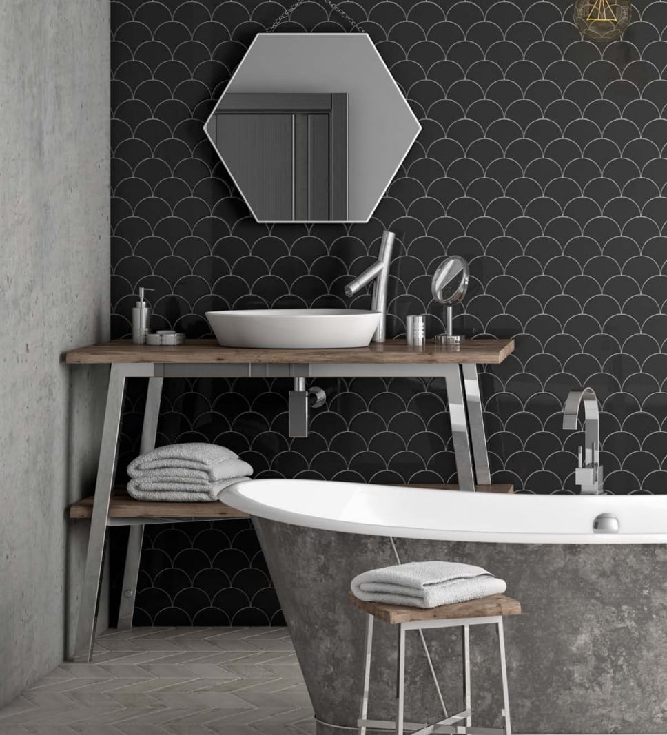 Fish Scale Black Scallop Shaped Tiles Bathroom IvySpace