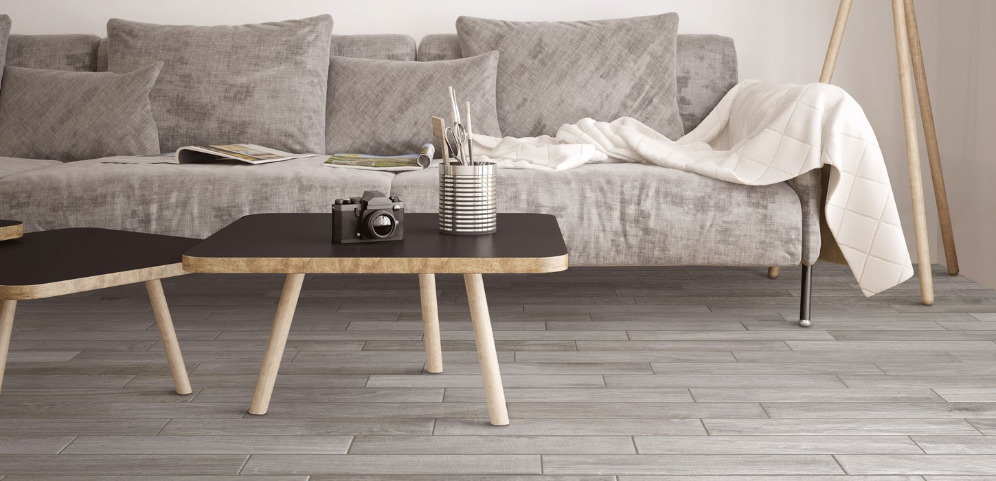 Vintage Grey Wood effect porcelain tiles living Ivyspace