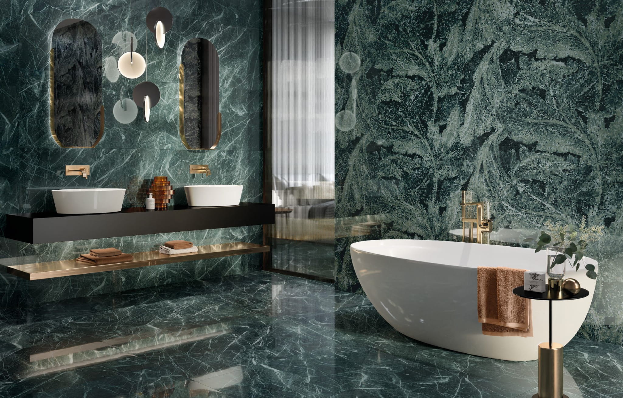 Green Marble Effect Porcelain Slabs Bathroom IvySpace