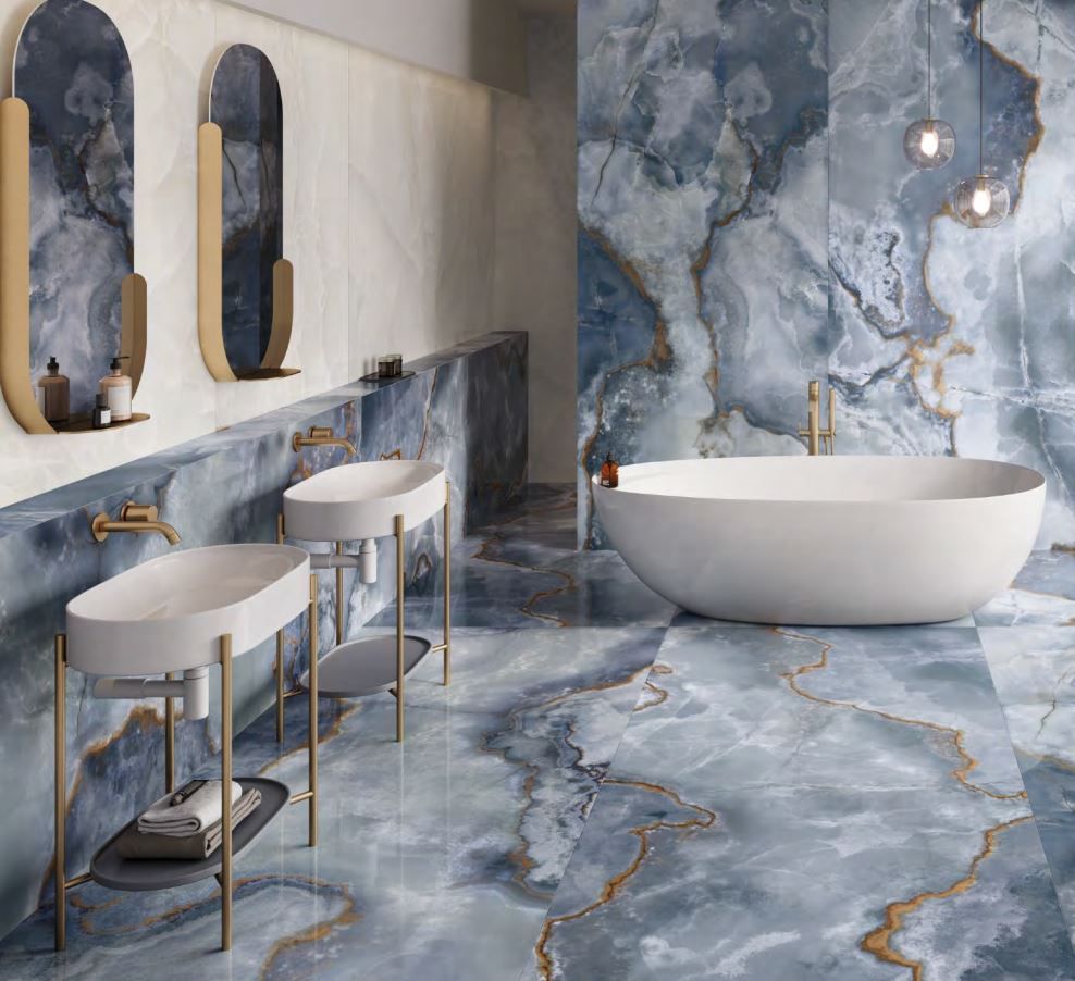 Onyx Effect Porcelain Bathroom Tiles in Blue IvySpace