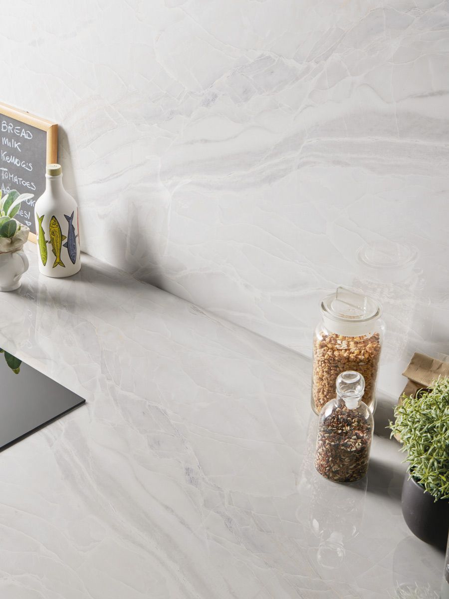 White Marble Effect Tiles Kitchen Worktop IvySpace