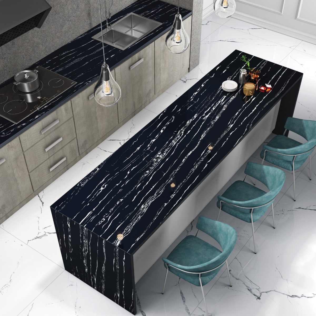 Marine Black 800 x 2400mm Porcelain Worktops Tiles Kitchen IvySpace