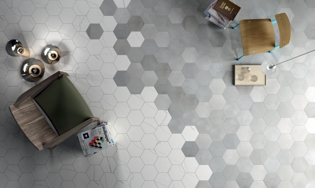hexagon marble effect tiles grey and white