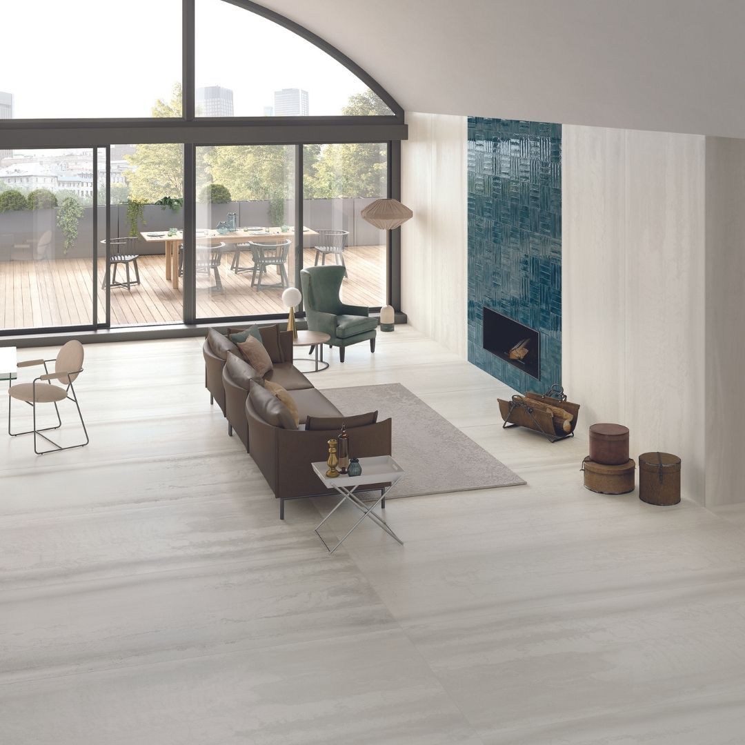 Modena White Metal Effect Porcelain Tiles Living Room IvySpace