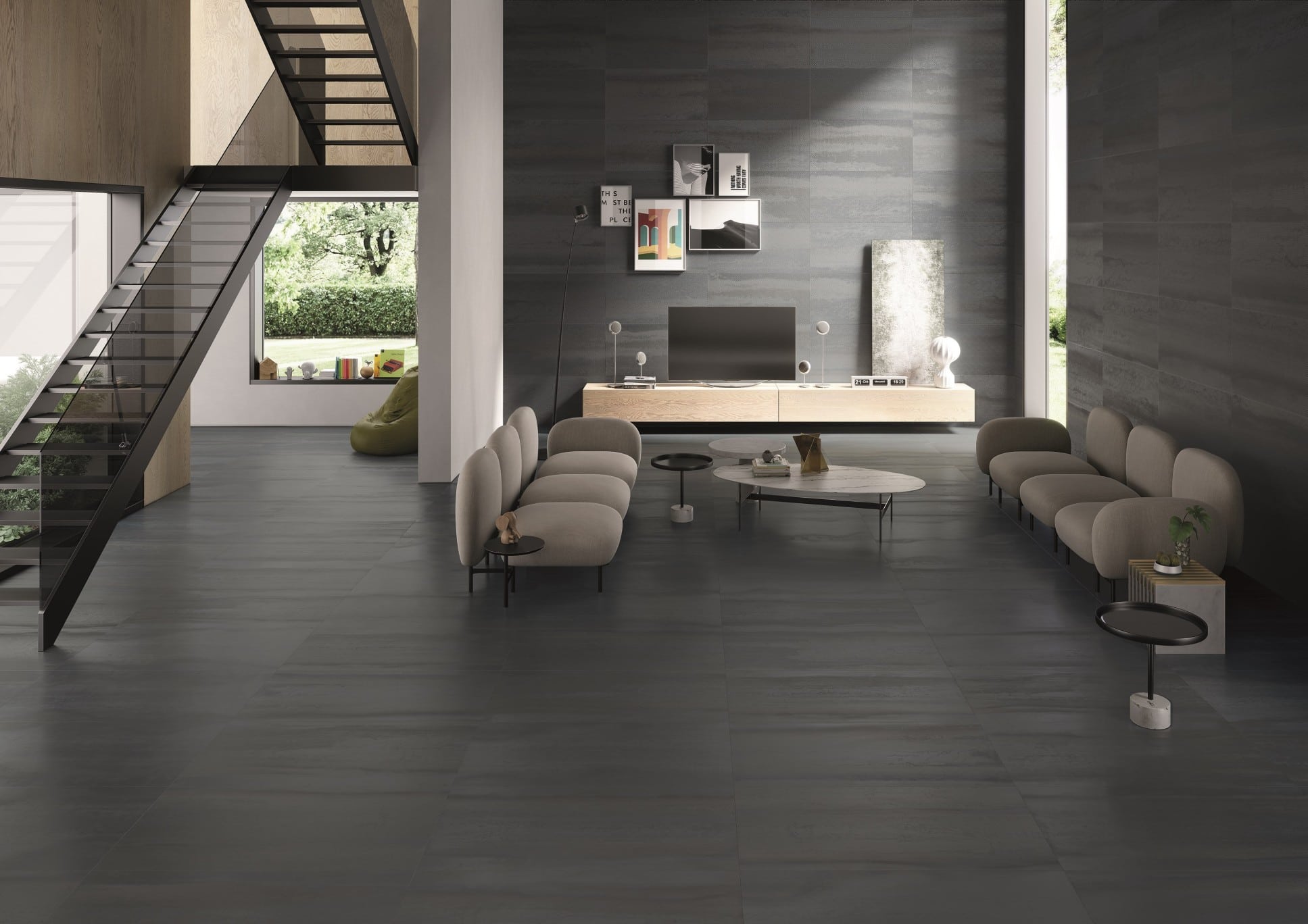Grey Metal Effect Porcelain Floor Tiles Living Room IvySpace