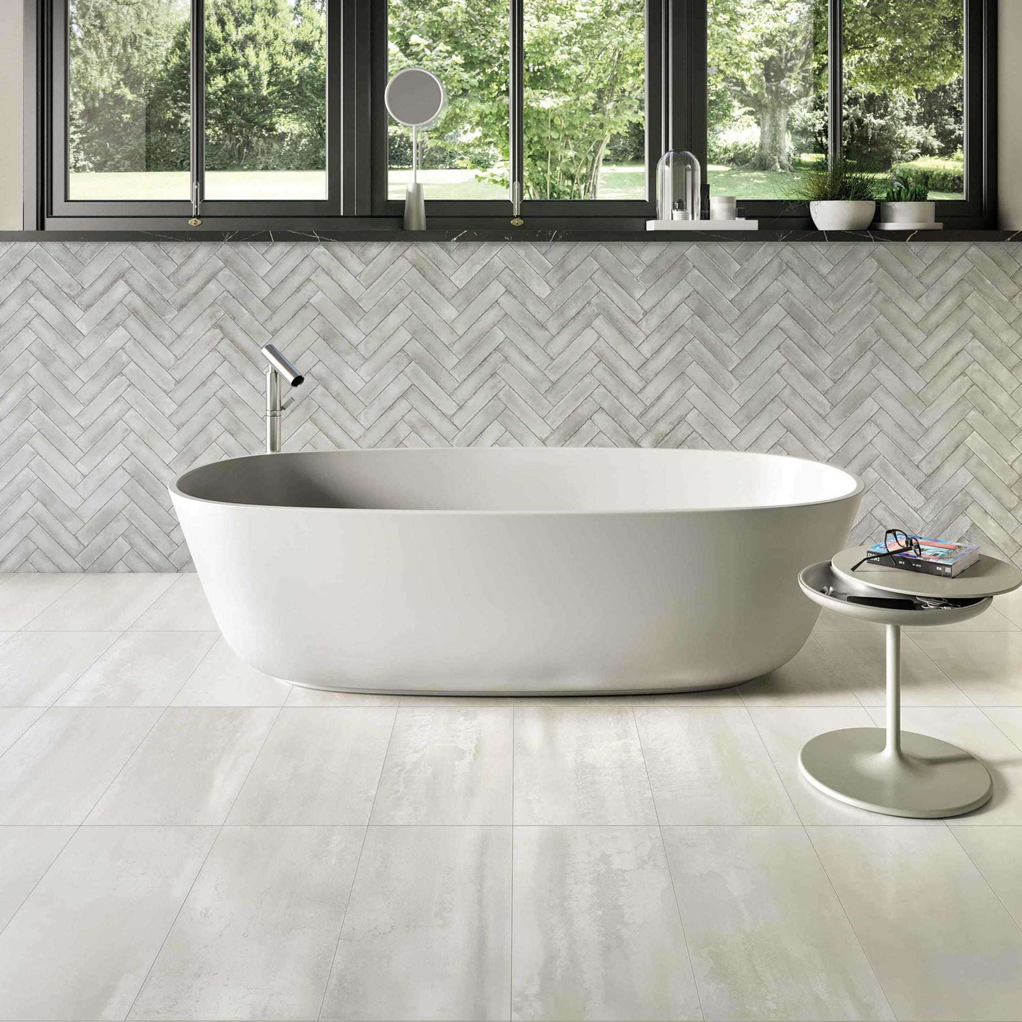 Modena White Metal Effect Porcelain Tiles Bathroom IvySpace