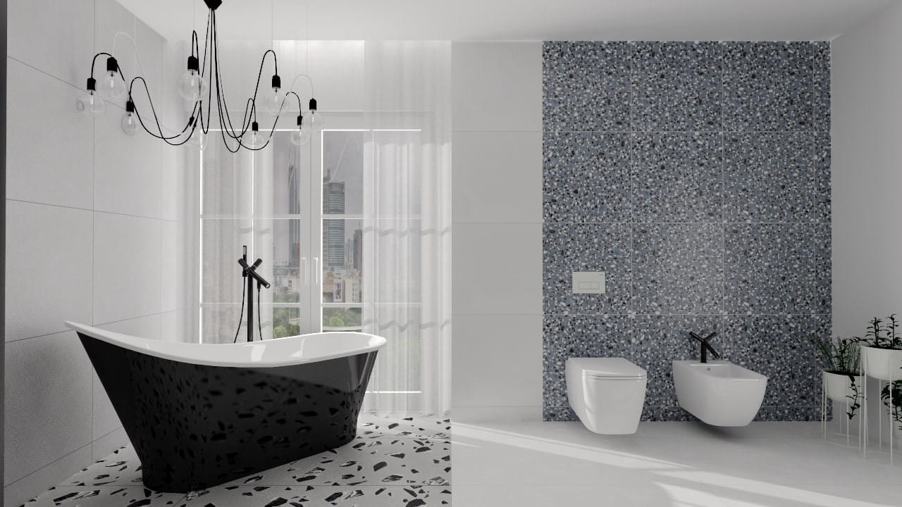 Modica Classic Blue Terrazzo Effect Porcelain Tiles Bathroom IvySpace