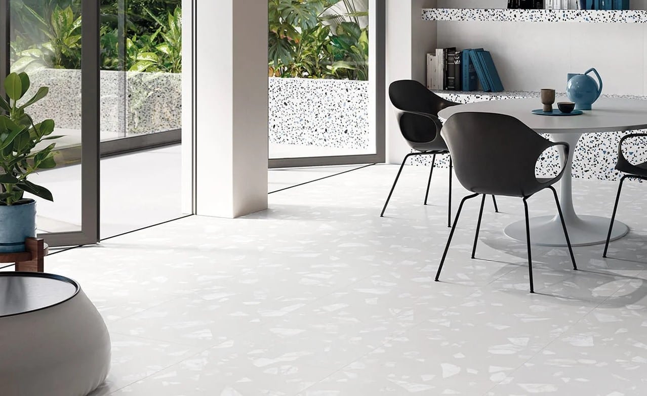 White Terrazzo Effect Porcelain Tiles Living Room IvySpace