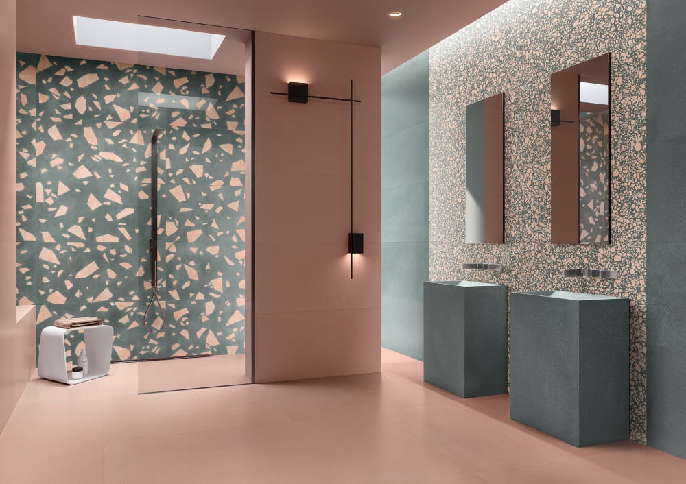 Modica Rock Green Terrazzo Effect Porcelain Tiles Bathroom IvySpace