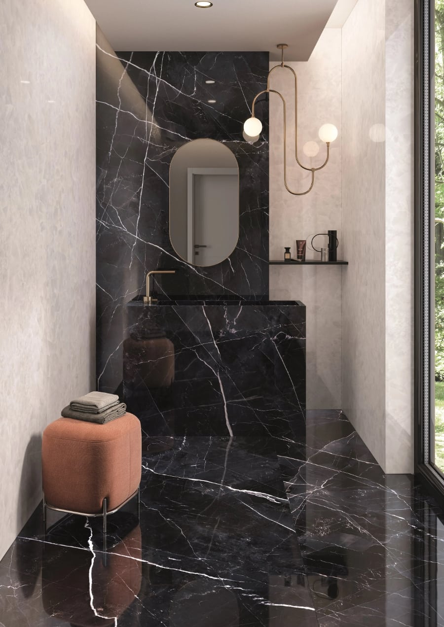 Elegant Black Marble Effect Porcelain Tiles Bathroom Floors and Walls IvySpace