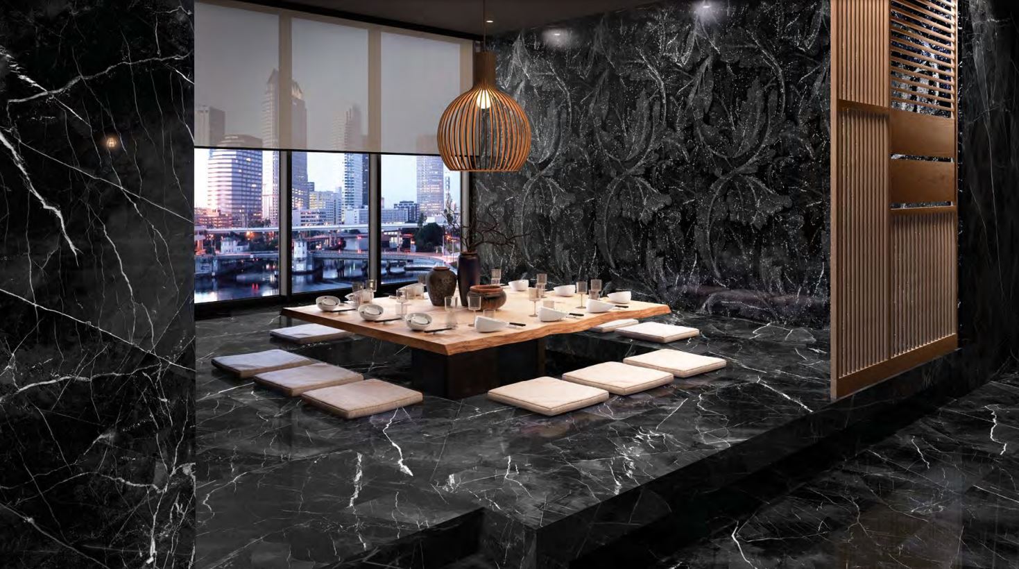Black Marble Effect Porcelain Floor Tiles Living Room IvySpace
