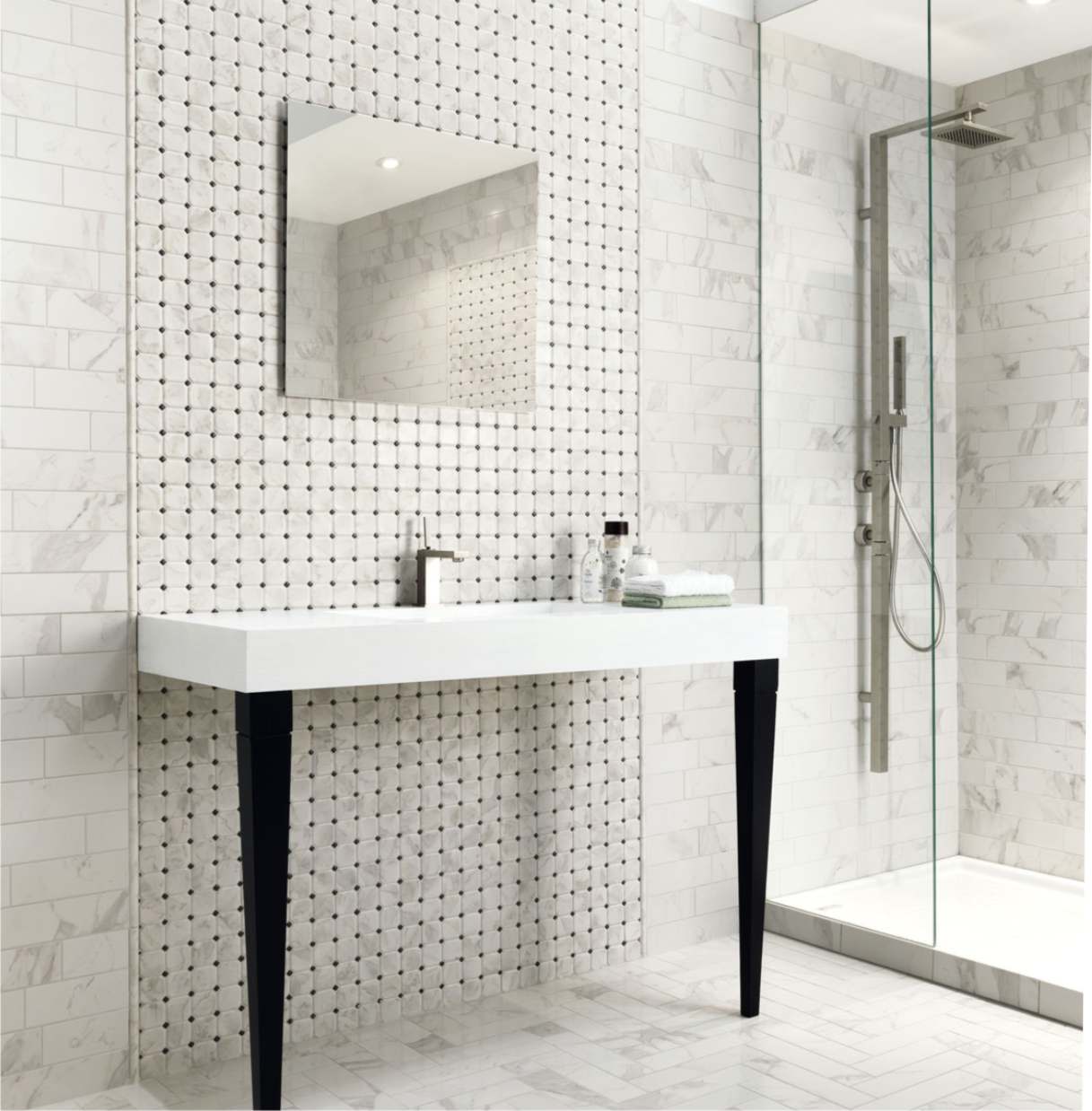 bathroom mosaic pure white thassos black dots