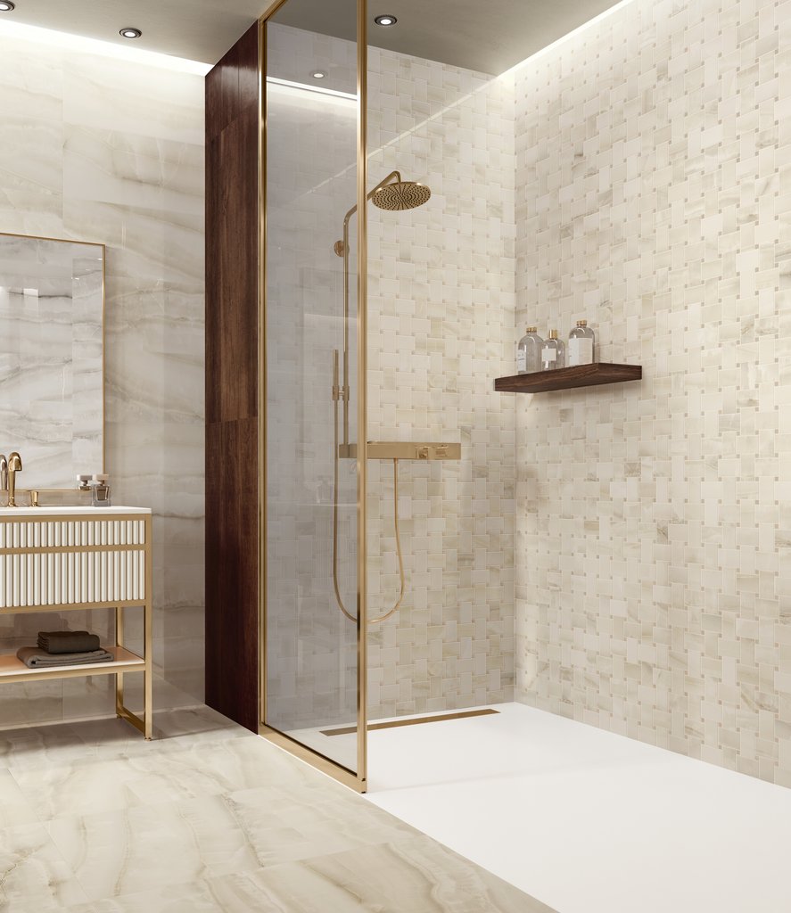 pearl cream onyx shower area