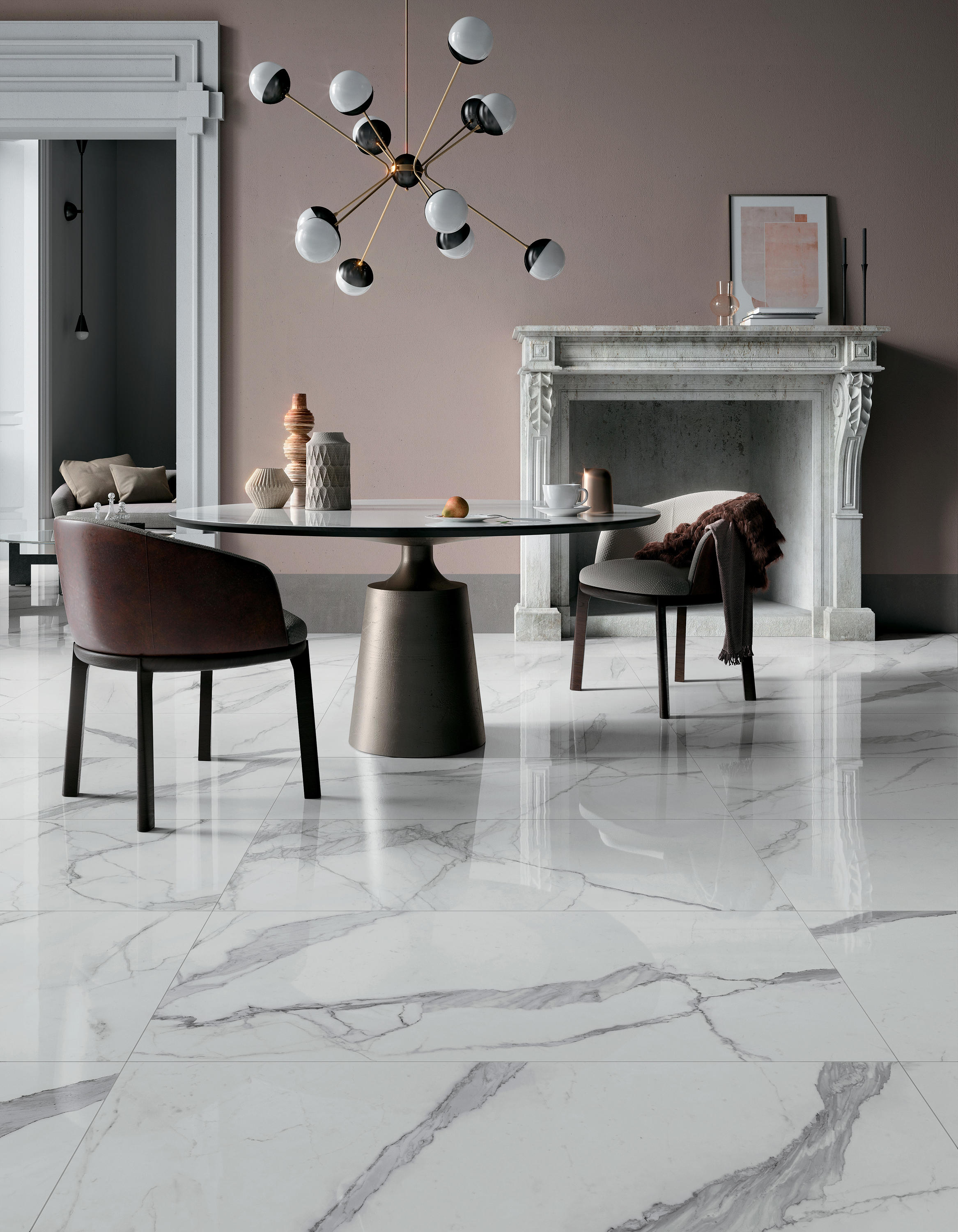 White Marble Effect Large Porcelain Tiles Living Room IvySpace